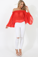 Red Pleated Three Quarter Bell Sleeve Crop - Stacey