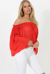 Red Pleated Three Quarter Bell Sleeve Crop - Stacey