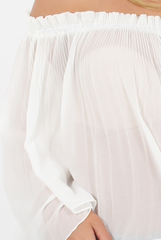 White Pleated Three Quarter Bell Sleeve Crop - Stacey