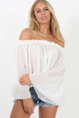 White Pleated Three Quarter Bell Sleeve Crop - Stacey