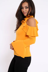 Mustard High Neck Cold Shouldered Frill Top - Stace