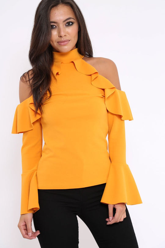 Mustard High Neck Cold Shouldered Frill Top - Stace
