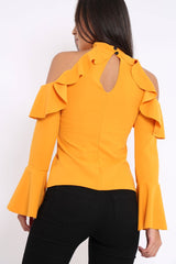Mustard High Neck Cold Shouldered Frill Top - Stace