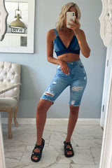 Mid Blue Distressed Longline Denim Shorts - Dakotah