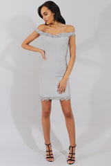 Grey Bandage Bardot Crochet Trim Dress - Stasia