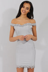 Grey Bandage Bardot Crochet Trim Dress - Stasia