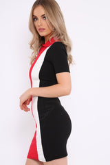 Red Colour Block Zip Front Collard Dress -Steavie