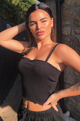 Black Ribbed Frill Edge Crop Top - Zura