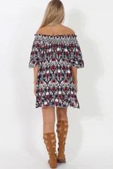 White and Red Floral Bardot Ruffly Trim Detail Dress- Stefi