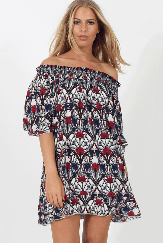 White and Red Floral Bardot Ruffly Trim Detail Dress- Stefi