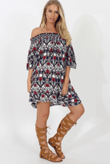 White and Red Floral Bardot Ruffly Trim Detail Dress- Stefi