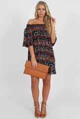 Rust Floral Bardot Ruffly Trim Detail Dress- Stefi