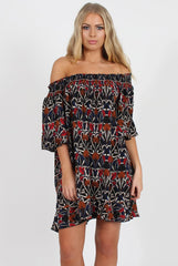 Rust Floral Bardot Ruffly Trim Detail Dress- Stefi