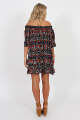 Rust Floral Bardot Ruffly Trim Detail Dress- Stefi