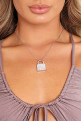 Silver Diamante Embellished Padlock Necklace - Stela