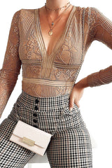 Nude Lace Long Sleeve Open Back Bodysuit - Ellice