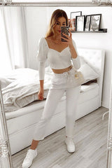 White Puff Sleeve Sweetheart Neckline Crop Top - Tomi