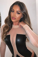 Nude Mesh Black Faux Leather Panel Bodysuit - Reily