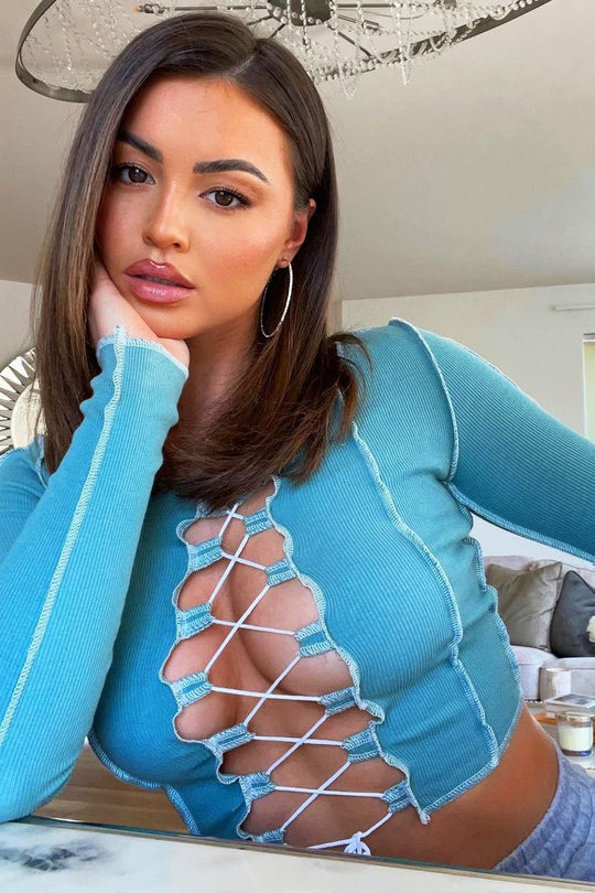 Sage Lace Up Contrast Stitch Long Sleeve Crop Top - Mitzi