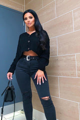 Black Washed Denim Ripped Buckle Belted Skinny Jeans - Suzie