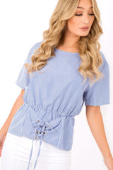 Blue Pinstripe Corset Lace Up Shirt - Hailey