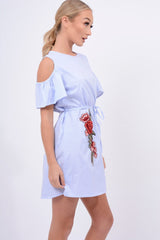 Blue Striped Cold Shoulder Embroidered Shirt Dress - Isadora