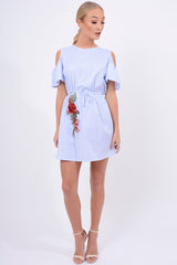 Blue Striped Cold Shoulder Embroidered Shirt Dress - Isadora