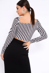Black and White Striped Bardot Ruched Tie Top - Dakota