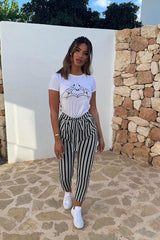 Black Stripe Paper Bag Tie Waist Cigarette Trousers - Shaya