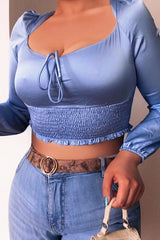 Blue Shirred Long Sleeve Strap Back Detail Crop Top -Traniyah