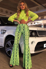 Neon Green Snake Print Flared Trousers - Mianna