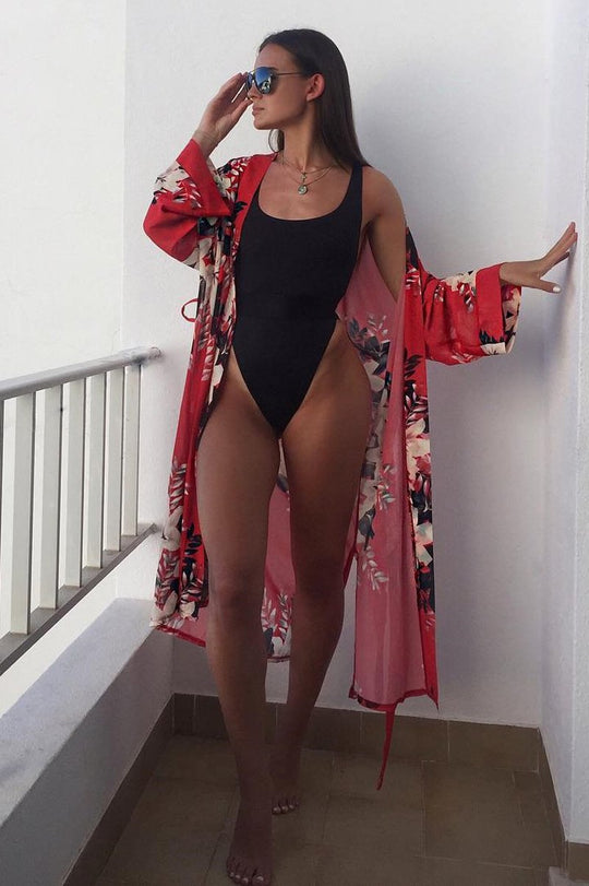 Red Chiffon Floral Kimono - Suriah