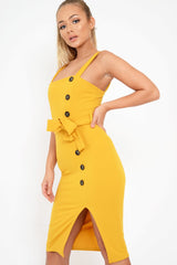 Mustard Button Detail Tie Waist Midi Dress - Susana