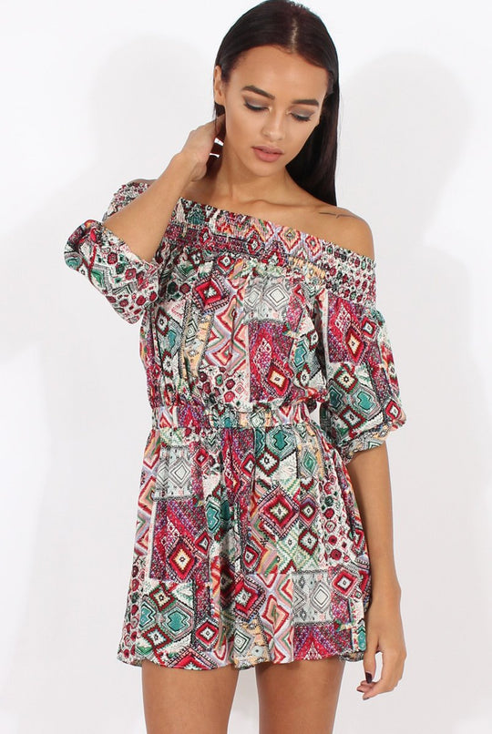 Red Printed Bardot Playsuit - Susannah