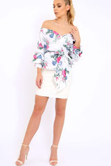 White Floral Print Ruffle Sleeve Wrapover Top - Susie
