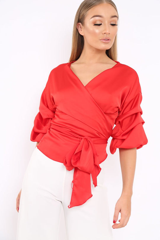 Red Satin Ruffle Sleeve Wrapover Top - Susie