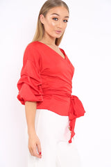 Red Satin Ruffle Sleeve Wrapover Top - Susie