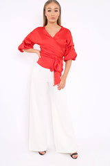 Red Satin Ruffle Sleeve Wrapover Top - Susie