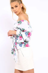 White Floral Print Ruffle Sleeve Wrapover Top - Susie