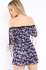 Navy Oriental Print Eyelet Lace Up Playsuit - Suzannah