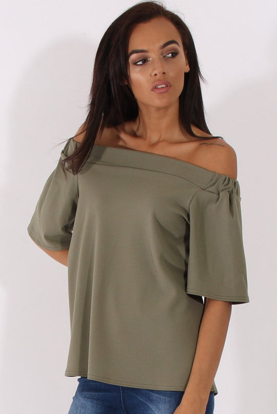 Khaki Bardot Split Back Top - Aurora
