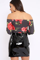 Black Stripe and Floral Bardot Crop Top - Suze