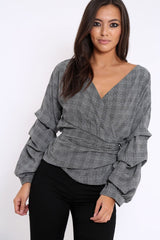 Tartan Ruffle Sleeve Wrapover Top - Susie