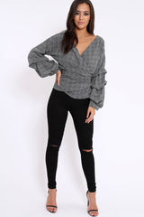 Tartan Ruffle Sleeve Wrapover Top - Susie