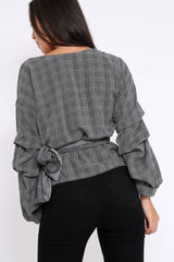 Tartan Ruffle Sleeve Wrapover Top - Susie