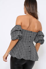 Tartan Sweet Heart Bardot Top with Ruched Sleeves - Kinza
