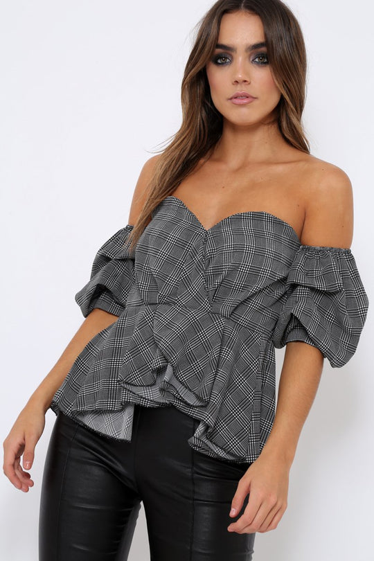 Tartan Sweet Heart Bardot Top with Ruched Sleeves - Kinza