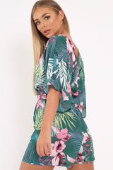 Green Tropical Kimono Sleeve Playsuit - Suzy