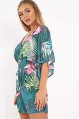 Green Tropical Kimono Sleeve Playsuit - Suzy