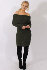 Khaki Bardot Heavy Knit Jumper Dress - Suzy